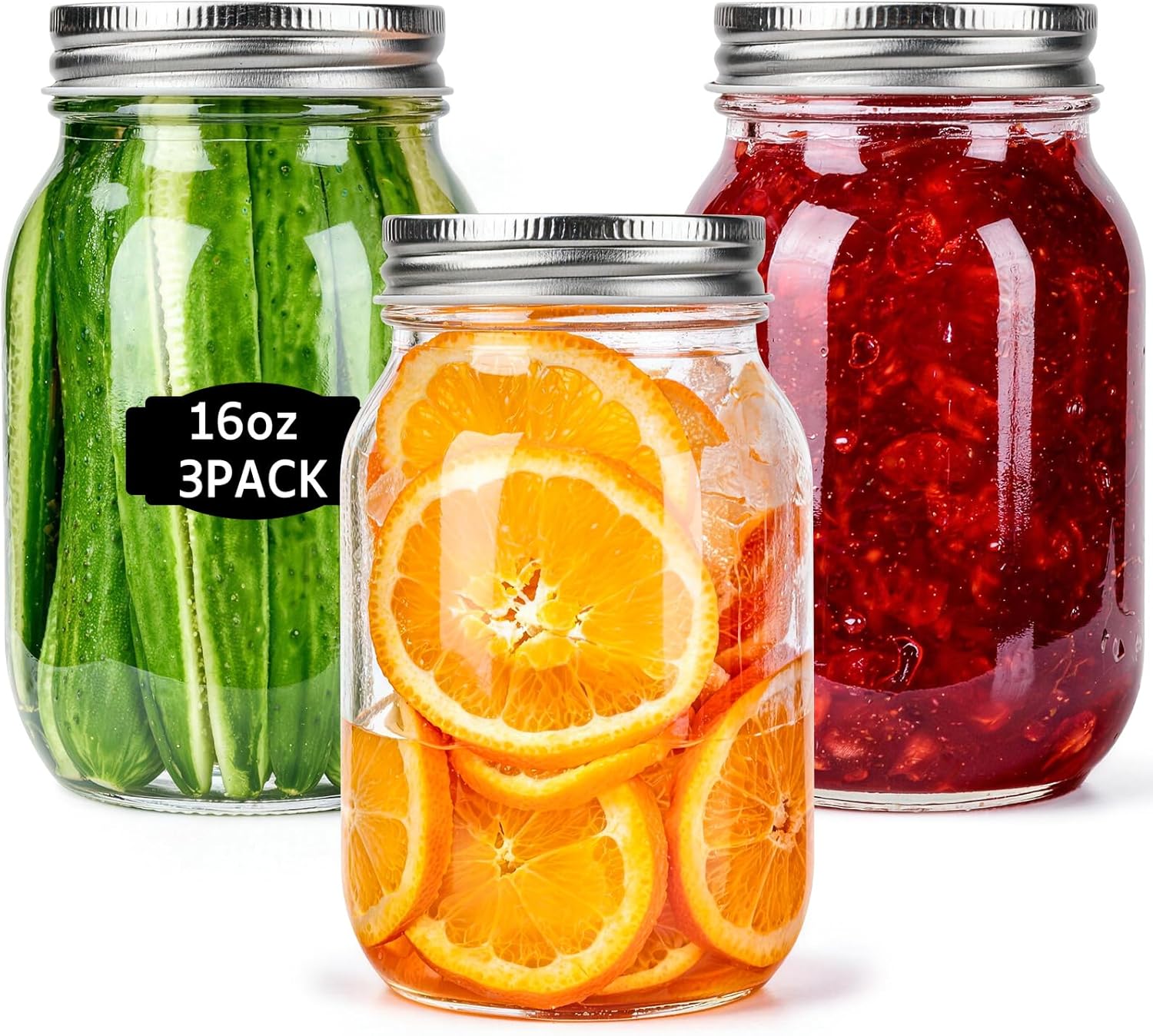 Food Packed Snacks - Glass Mason Jars, 3 Pack 16oz