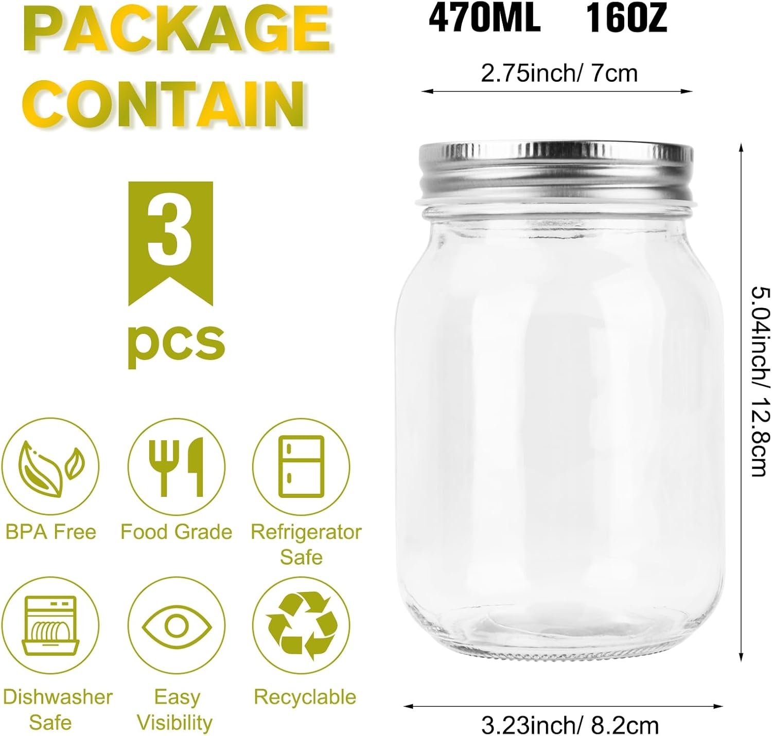 Glass Mason Jars, 3 Pack 16oz  - Food Packed Snacks recensie en prijs